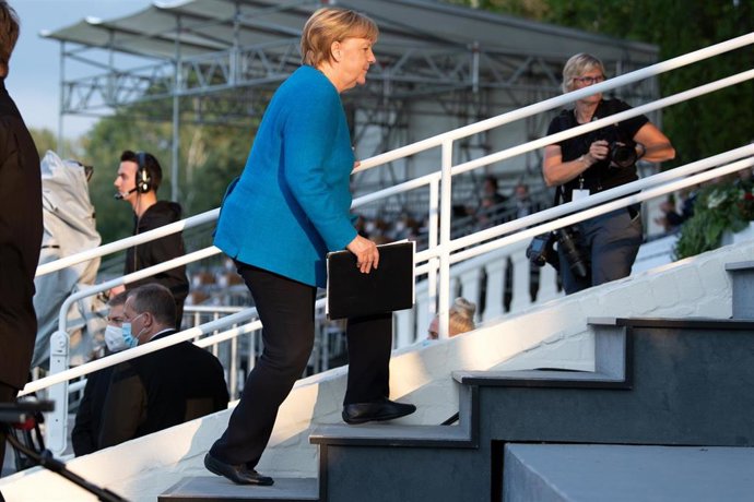 23 August 2021, North Rhine-Westphalia, Duesseldorf: German Chancellor Angela Merkel attends an event to celebrate the 75th anniversary of the foundation of the State of North Rhine-Westphalia. Photo: Federico Gambarini/dpa