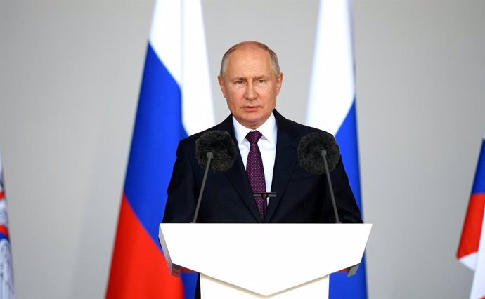 HANDOUT - 23 August 2021, Russia, Alabino: Russian President Vladimir Putin delivers a speech during the opening of the International Military Technical Forum Army-2021. Photo: -/Kremlin/dpa - ATTENTION: editorial use only and only if the credit mention