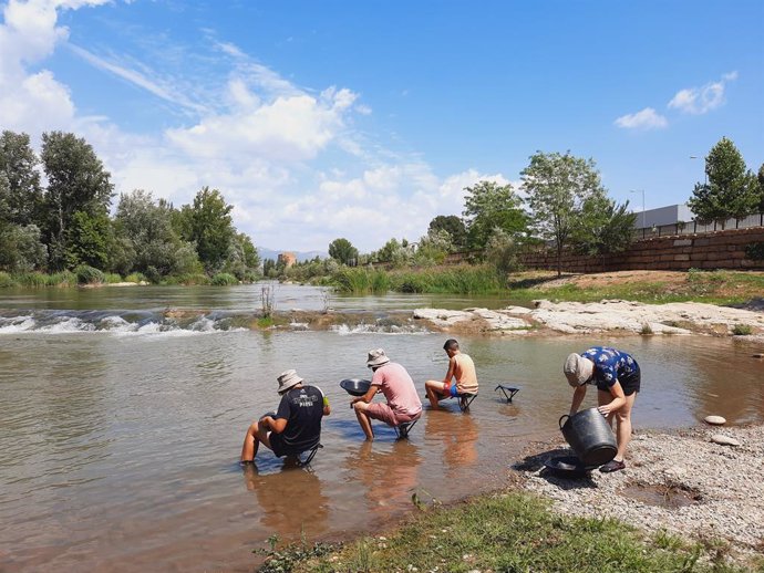 Diverses persones participen en el taller Recerca de l'Or en el riu Segre de Balaguer (Lleida).