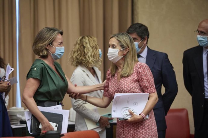 La portavoz del PP en el Congreso de los Diputados, Cuca Gamarra (i) saluda a la vicepresidenta del Congreso y vicesecretaria de Política Social del PP, Ana Pastor (d), a su llegada a una reunión de la diputación permanente en el Congreso de los Diputad