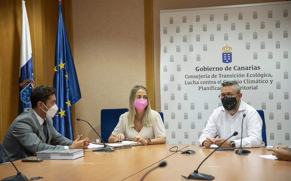 El director general de Infraestructura Turística del Gobierno de Canarias, Fernando  Miñarro; la viceconsejera de Turismo, Teresa Berástegui, y el viceconsejero de Transición Ecológica, Miguel Ángel Pérez, en una reunión sobre el 'plan de charcos'