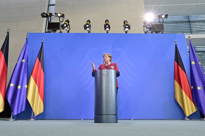 24 August 2021, Berlin: German Chancellor Angela Merkel gives a press conference after the virtual G7 summit at the Chancellery. The summit discussed the ongoing crisis in Afghanistan. Photo: John Macdougall/AFP POOL/dpa