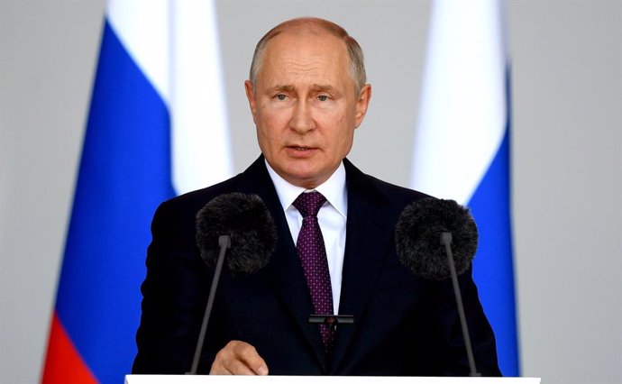 HANDOUT - 23 August 2021, Russia, Alabino: Russian President Vladimir Putin delivers a speech during the opening of the International Military Technical Forum Army-2021. Photo: -/Kremlin/dpa - ATTENTION: editorial use only and only if the credit mention