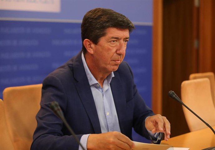 El vicepresidente de la Junta y coordinador autonómico de Cs, Juan Marín, este jueves en rueda de prensa.