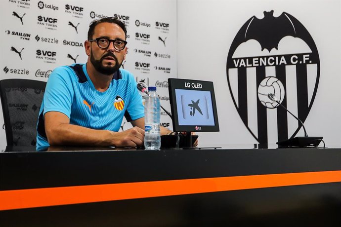 Jose Bordalas, head coach of Valencia CF, attends to the media during a press conference prior to the Granada and Valencia CF spanish league, La Liga Santander, football match at Mestalla Stadium on August 20, 2021, in Valencia, Spain.