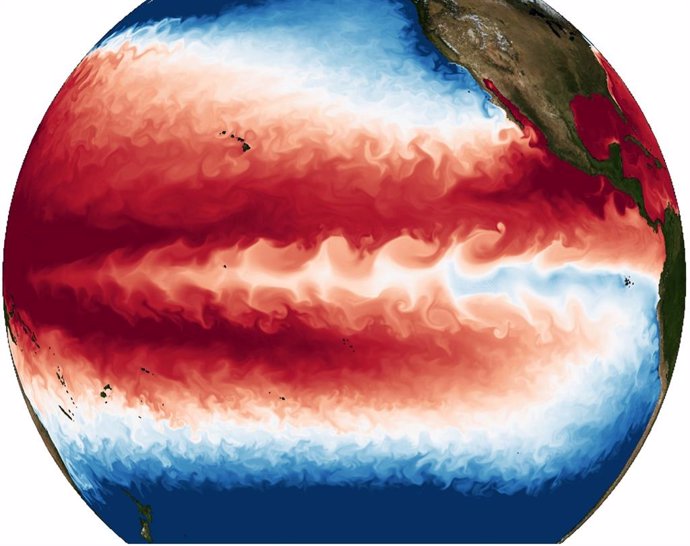 Archivo - Temperaturas de la superficie del océano simuladas con una resolución sin precedentes utilizando un modelo acoplado atmósfera-océano. La extensa estructura ondulada fría en el Pacífico ecuatorial corresponde a una ola de inestabilidad tropical