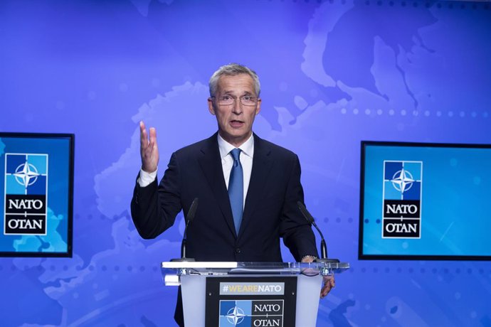 HANDOUT - 20 August 2021, Belgium, Brussels: Secretary General of North Atlantic Treaty Organization (NATO) Jens Stoltenberg speaks during a press conference following the extraordinary meeting of NATO Ministers of Foreign Affairs on the situation in Af