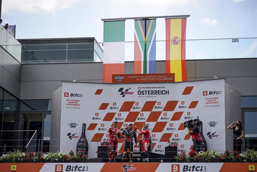 Binder Brad (zaf), podium with Bagnaia Francesco (ita) and Martin Jorge (spa) during the 2021 Bitci Motorrad Grand Prix von Osterreich, Austrian Grand Prix from August 13 to 20, 2021 on the Red Bull Ring, in Spielberg, Austria