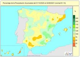Las lluvias acumuladas desde el 1 de octubre de 2020 hasta el 24 de agosto de 2021 están un 8 por ciento por debajo de lo normal.