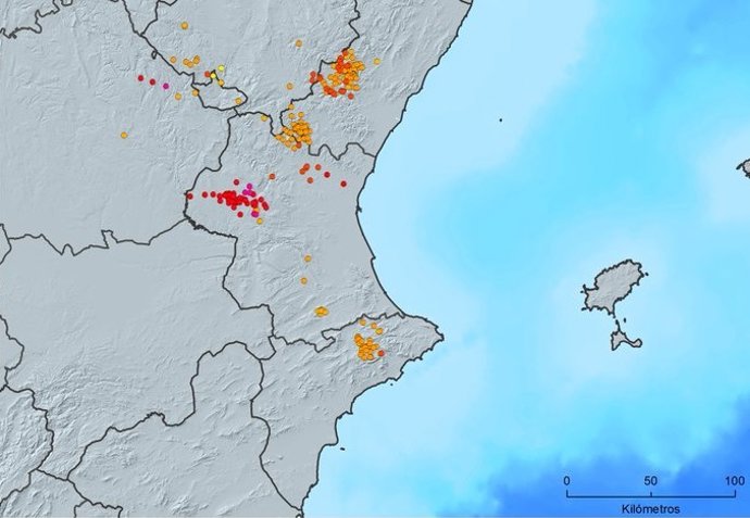 Imagen de las descargas procedentes de rayos registradas este jueves en la Comunitat Valenciana