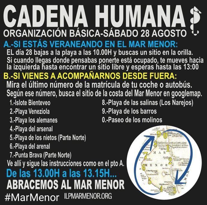 La plataforma ILP Mar Menor organiza una cadena humana para guardar luto a la laguna salada