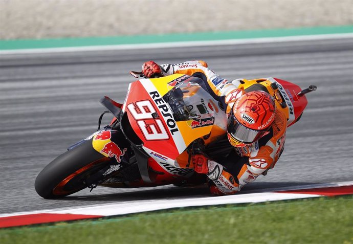 15 August 2021, Austria, Spielberg: Spanish MotoGPrider Marc Marquez of Repsol Honda Team in action during a free practice session for the Motorcycling Grand Prix of Austria at the Red Bull Ring in Spielberg. Photo: Erwin Scheriau/APA/dpa