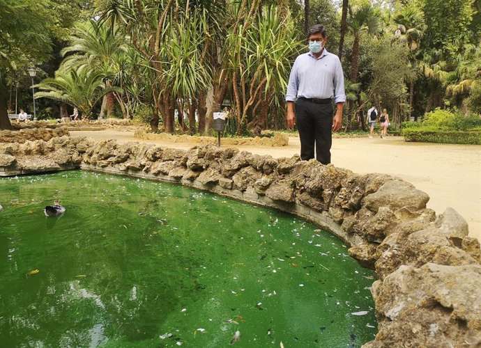 El portavoz municipal de Cs, Álvaro Pimentel, junto a un estanque del Parque de María Luisa.