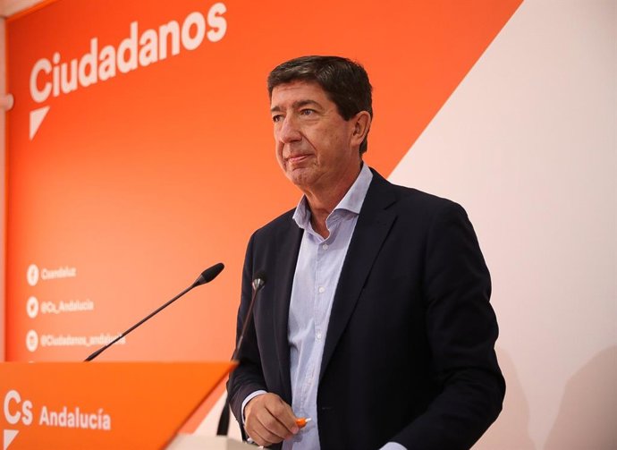 El vicepresidente de la Junta y coordinador autonómico de Cs, Juan Marín, este viernes en rueda de prensa.
