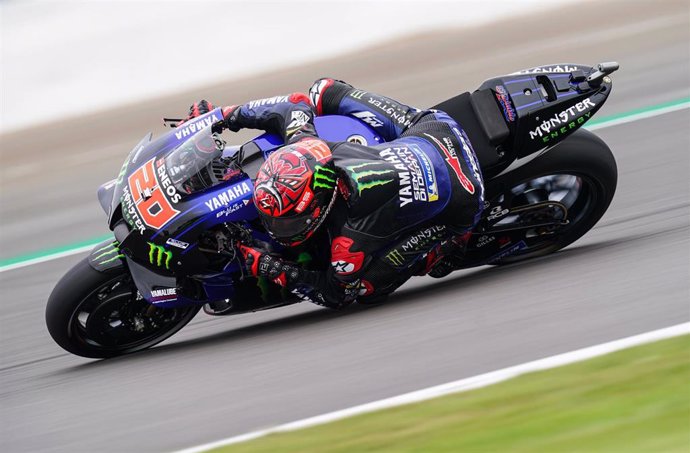27 August 2021, United Kingdom, Silverstone: French motorcycle road racer Fabio Quartararo of Monster Energy Yamaha in action during the practice day of the British MotoGP at Silverstone Circuit. Photo: David Davies/PA Wire/dpa