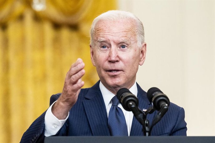26 August 2021, US, Washington: US President Joe Biden speaks during a press conference in the White House East Room on the terror attack at Hamid Karzai International Airport, and the US service members and Afghan victims killed and wounded in the atta