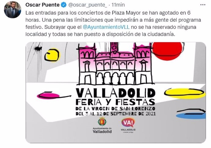 Tuit del alcalde de Valladolid, Óscar Puente.