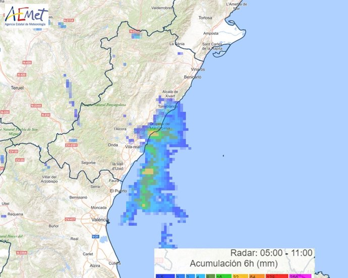 Precipitación estimada por el radar en 6 horas