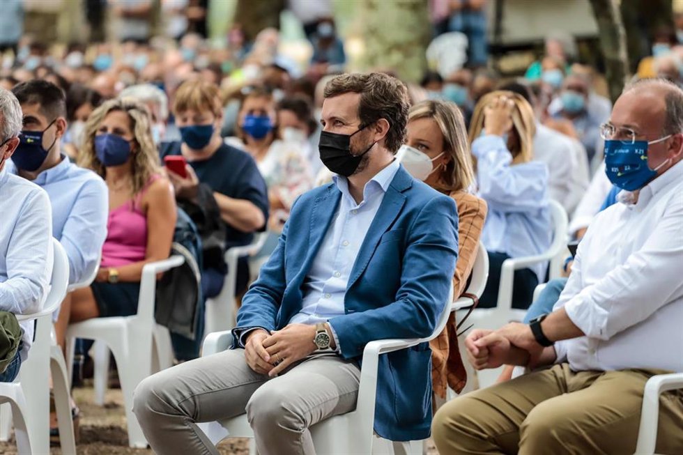 El líder del PP, Pablo Casado, en la apertura del curso político del PP, a 29 de agosto de 2021, en Cerdedo-Cotobade, Pontevedra, Galicia, (España). 