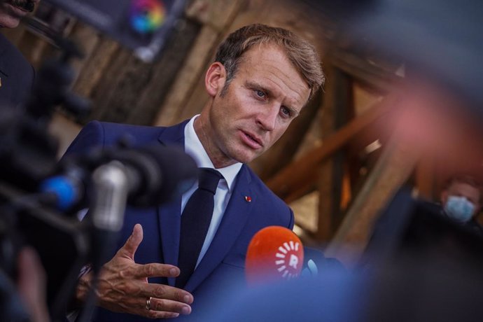 29 August 2021, Iraq, Mosul: French President Emmanuel Macron speaks to media during a tour through the old town of Mosul. Photo: Ismael Adnan/dpa