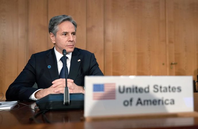 Archivo - 23 June 2021, Berlin: US Secretary of State Antony Blinken watches a video message from UN Secretary-General Guterres at the beginning of the second Berlin Libya Conference at the Federal Foreign Office in Berlin. Photo: Michael Sohn/AP-Pool/d