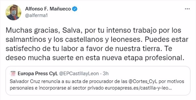 Mensaje del presidente de la Junta, Alfonso Fernández Mañueco, en el que agradece el trabajo a Salvador Cruz.