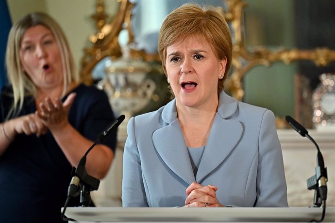 20 August 2021, United Kingdom, Edinburgh: Scottish First Minister Nicola Sturgeon speaks during a press conference with Green Party co-leaders Patrick Harvie and Lorna Slater at Bute House, following the signing of a cooperation agreement between her S