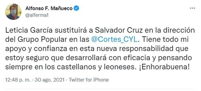 Mensaje en Twitter de Alfonso Fernández Mañueco en el que comunica quién sustituirá a Salvador Cruz en el cargo de portavoz adjunto del Grupo Popular en las Cortes de CyL.
