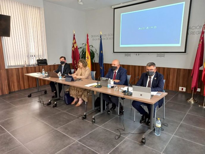 La presidenta de Adif, María Luisa Domínguez, en el centro, interviene durante la rueda de prensa para presentar las obras de la primera conexión directa por ferrocarril de la historia entre Murcia y Almería.