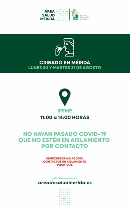 Imagen sobre el horario de cribado contra la Covid-19 en Ifeme de Mérida el lunes 30 y el martes 31 de agosto