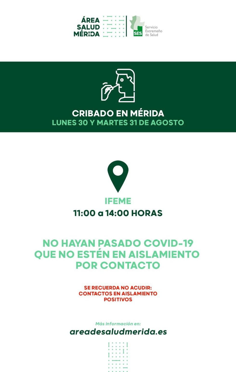 Imagen sobre el horario de cribado contra la Covid-19 en Ifeme de Mérida el lunes 30 y el martes 31 de agosto
