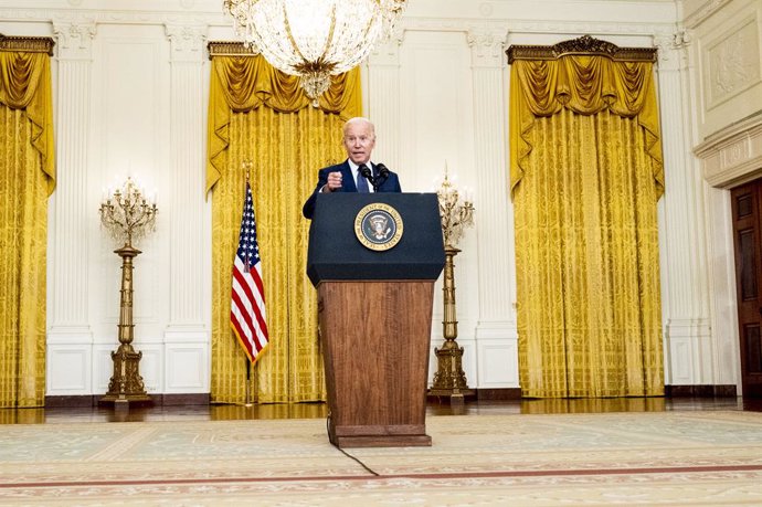 26 August 2021, US, Washington: US President Joe Biden speaks during a press conference in the White House East Room on the terror attack at Hamid Karzai International Airport, and the US service members and Afghan victims killed and wounded in the atta