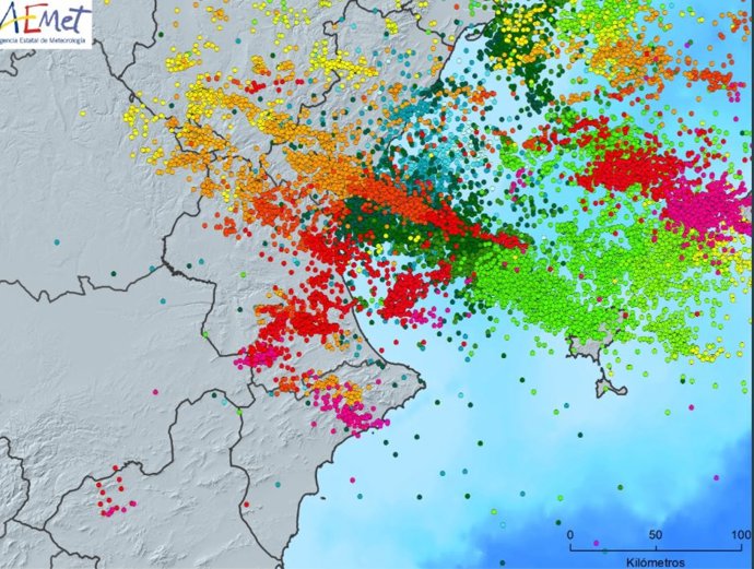 Descargas de rayos este lunes, 30 de agosto, en la Comunitat Valenciana.