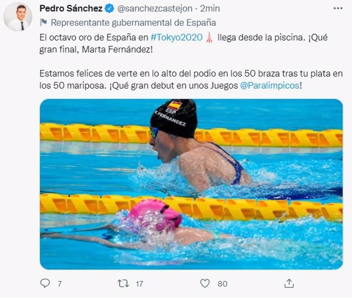 Tuit del presidente del Gobierno, Pedro Sánchez, en el que da la enhorabuena a la nadadora burgalesa Marta Fernández por su oro en 50 metros braza en los Juegos Paralímpicos.