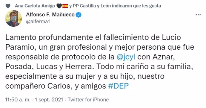 Tuit del presidente de la Junta, Alfonso Fernández Mañueco, en el que lamenta el fallecimiento de Lucio Paramio.