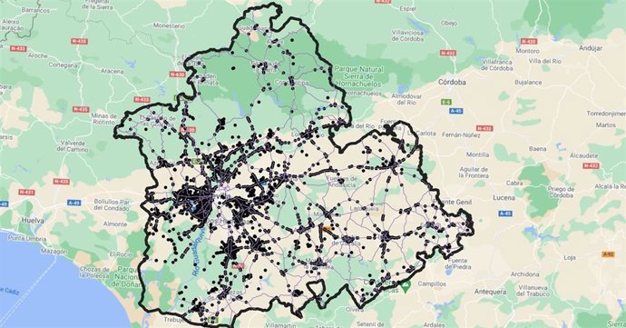 Mapa de actuaciones en la provincia de Sevilla de Bomberos