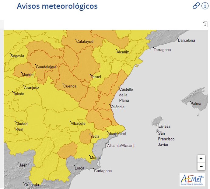 Alerta naranja y amarilla en la Comunitat Valenciana según la Agencia Nacional de Metereología (Aemet)