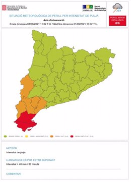 Aviso de lluvias intensas en Montsi y Baix Ebre (Tarragona), a día 1 de septiembre de 2021