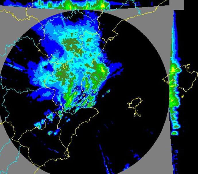 Imagen del radar con las lluvias registrándose en Valencia y Castellón
