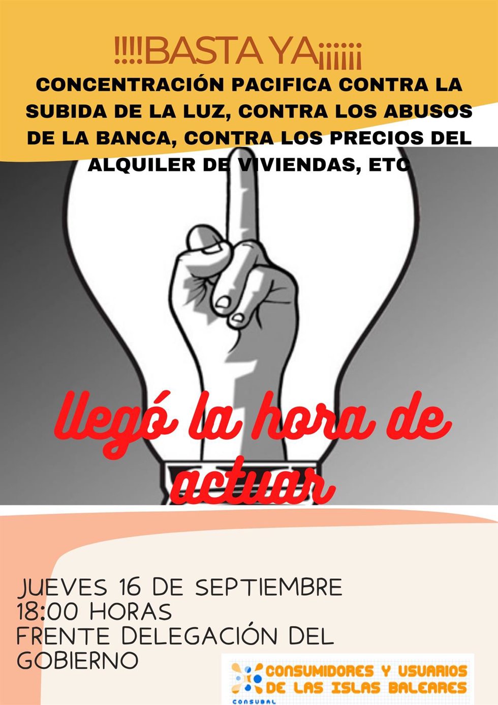 Cartel de la concentración convocada por Consubal contra la subida del precio de la luz.