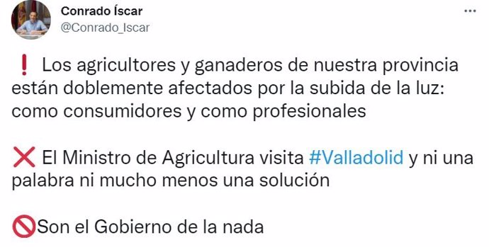 Tuit del presidente del PP en la provincia de Valladolid, Conrado Íscar.