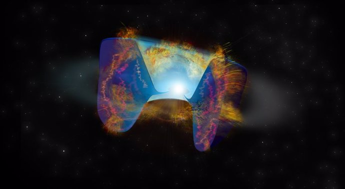 Archivo - Los escombros que se mueven rápidamente de una explosión de supernova desencadenada por una colisión estelar chocan contra el material arrojado antes, y los choques causan una emisión de radio brillante vista por el VLA
