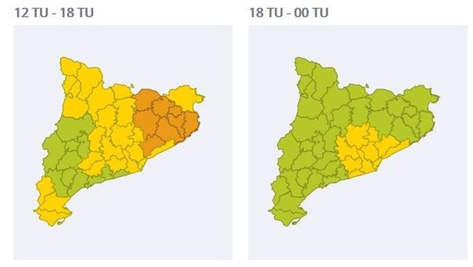 Mapes de les comarques que es podran veure afectades per les pluges aquest divendres