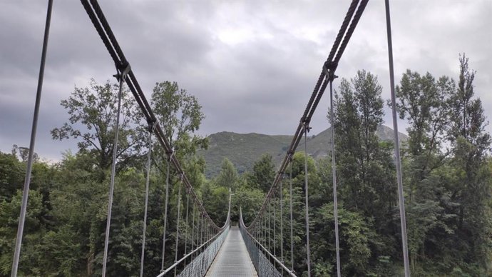 Archivo - Puente colgante en una senda peatonal en Oviedo