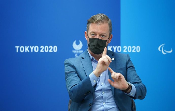 24 August 2021, Japan, Tokyo: Andrew Parsons, President of the International Paralympic Committee (IPC), gestures during an interview. Photo: Marcus Brandt/dpa