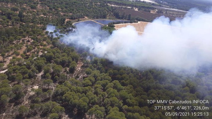 Imagen del incendio declarado este domingo en el paraje El Fresno de Moguer (Huelva).