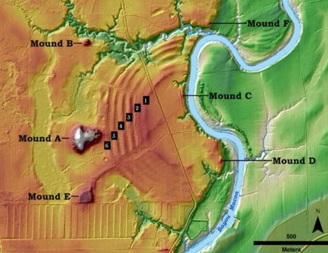 Disposición de las antiguas construcciones concéntricas en Poverty Point