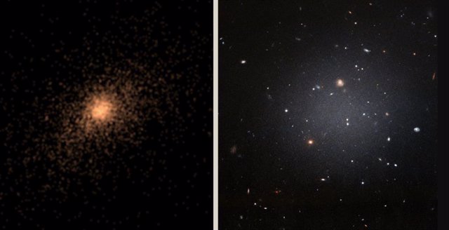 A la izquierda, una de las galaxias ultradifusas que se analizó en la simulación. A la derecha, la imagen de la galaxia DF2, que es casi transparente.
