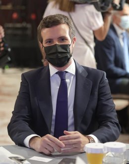 El presidente del Partido Popular, Pablo Casado, durante un desayuno informativo del Fórum Europa, organizado por Nueva Economía Fórum,tido en Madrid.