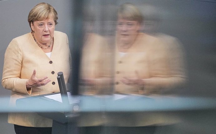 07 September 2021, Berlin: German Chancellor Angela Merkel delivers her speech during a plenary session at the German Bundestag. Photo: Michael Kappeler/dpa